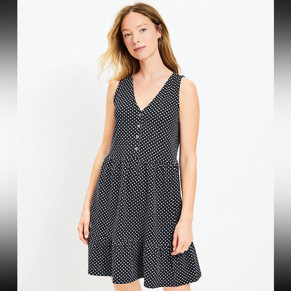 LOFT Black and White Polka Dot Midi Dress with buttons